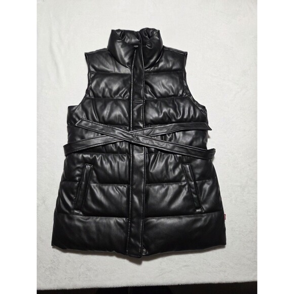 Levi's Womens Black Pockets Snap Front Cropped Puffer Vest Size Medium & Belt - Picture 1 of 12